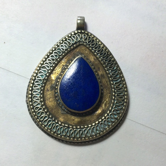 SOLD-Lapis teardrop pendant, silver and brass colored setting - Picture 1 of 3
